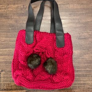 Bath Body Works Purse Red Cable Knit Sweater Faux Fur Poms Tassel NWOT